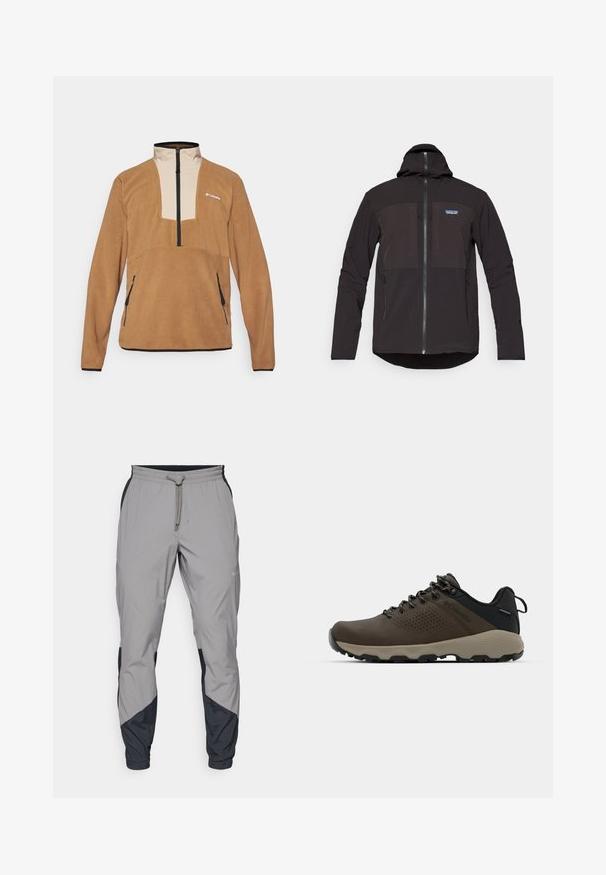 Must mustaga, millel on luku sulgemine, kaks eesmist lukuga taskut, tekstuurne kangas ja logo märk vasakul rinnapiiril.; Columbia SEQUOIA GROVE™ HALF ZIP - Fliisdžemper - delta/ancient fossil/black; Kergedatud hallid sportlikud püksid mustade aktsentidega. Elastne vöökoht, stringiga sulgemine, kitsenev jala disain ja küljetaskud.; Kohandatud veekindlad pruunid spordijalatsid tekstuuriga pealisega, perforatsioonidega detailid, must kandetoetav osa ja hall kummine sisetald. Paelad on metallist otstega.