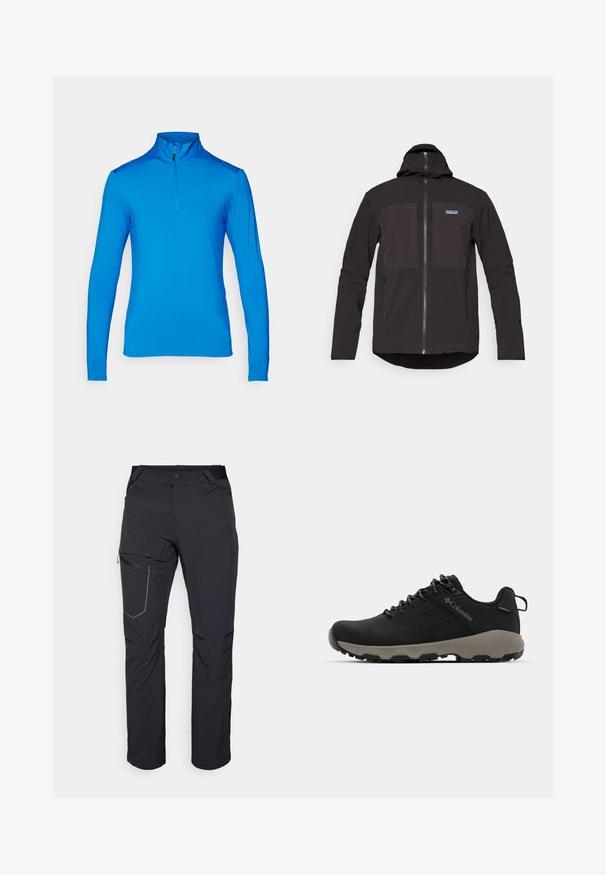 Casaco com capuz preto, apresentando um fecho de zíper, dois bolsos frontais com zíper, tecido texturizado e um patch com o logótipo na área do lado esquerdo do peito.; Camisa desportiva azul de manga longa e fecho de meia-zíper feita de um tecido leve e suave; apresenta um colar alto e costuras planas.; Calças de exterior pretas com um bolso com fecho na coxa, cintura elástica e tecido liso e resistente à água. Design limpo, sem logótipos visíveis.; Sapatilha de caminhada preta com parte superior lisa, design perfurado, sola cinza e calcanhar reforçado. Apresenta atacadores e uma alça para facilitar o calçar.