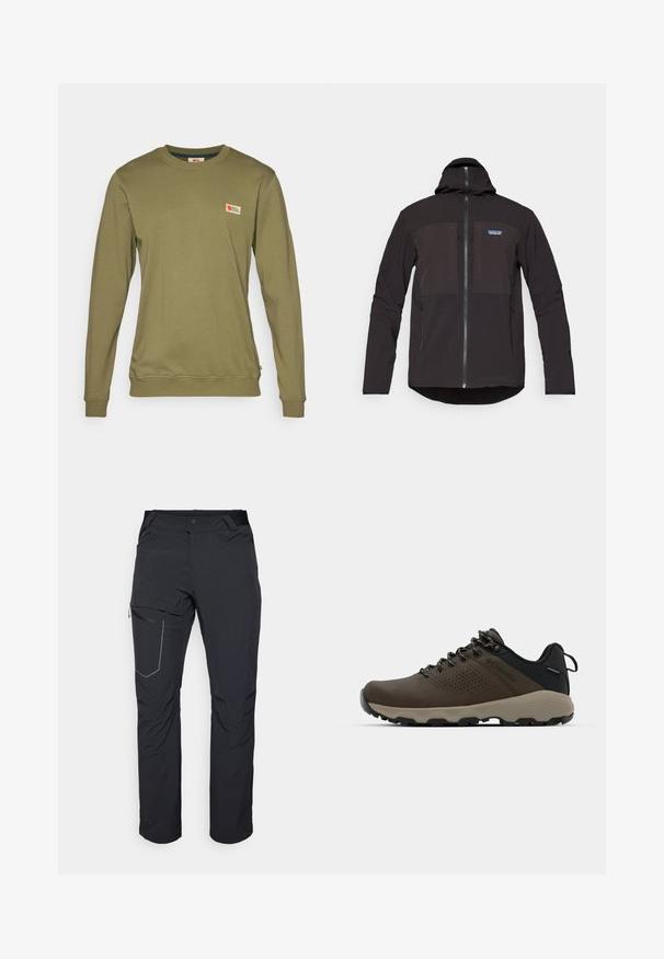 Giacca nera con cappuccio caratterizzata da chiusura con zip, due tasche frontali con zip, tessuto testurizzato e un logo sul lato sinistro del petto.; Felpa a maniche lunghe verde oliva realizzata in morbido cotone, con un piccolo logo ricamato sul petto e polsini e orlo a coste.; Pantaloni neri da esterno con tasca a zip sulla coscia, cintura elastica e tessuto liscio, resistente all'acqua. Design pulito senza loghi visibili.; Sneakers impermeabili marroni con tomaia testurizzata, dettagli perforati, supporto al tallone nero e suola in gomma grigia. I lacci sono decorati con estremità metalliche.