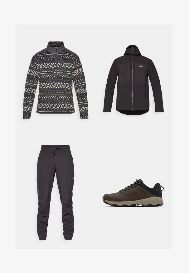 Jachetă neagră cu glugă, dotată cu închidere cu fermoar, două buzunare frontale cu fermoar, material texturat și o etichetă cu logo pe partea stângă a pieptului.; Pulover din fleece cu model alb și negru, cu guler cu fermoar pe un sfert, prezentând un buzunar pe piept și o suprafață texturată. Logo-ul mărcii pe față.; Pantaloni sportivi negri cu siret, cu buzunare laterale, dintr-un material ușor șifonat și cu un mic logo vizibil pe coapsa dreaptă.; Adidași impermeabili maro, cu un superior texturat, accente perforate, suport pentru călcâie negru și o talpă din cauciuc gri. Șireturile au vârfuri metalice.