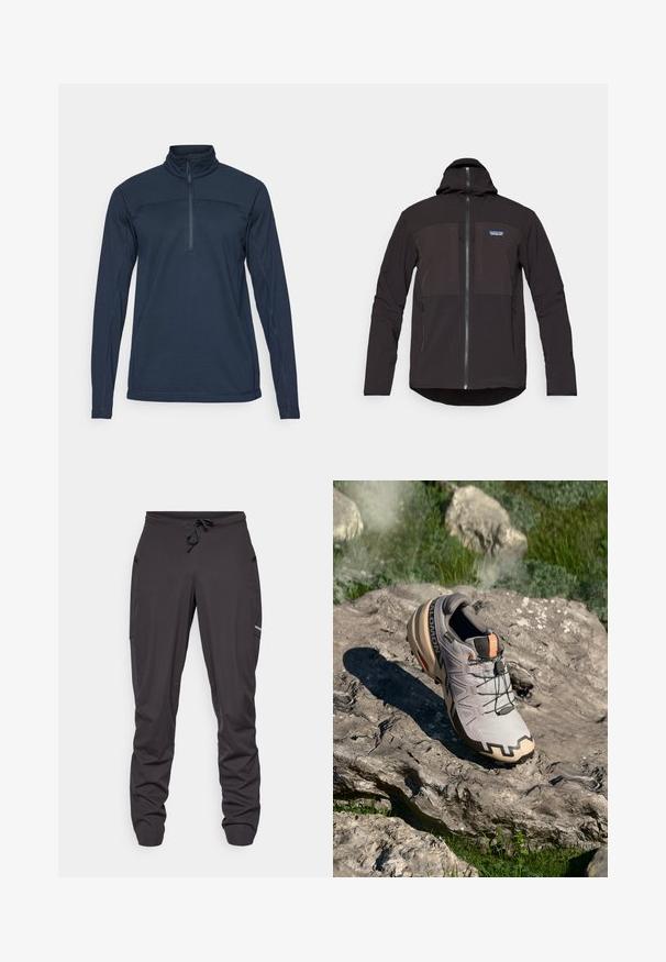 Casaco com capuz preto, apresentando um fecho de zíper, dois bolsos frontais com zíper, tecido texturizado e um patch com o logótipo na área do lado esquerdo do peito.; Pullover azul marinho de mangas longas com colarinho alto e fecho de meio zíper na frente. Apresenta um tecido texturizado e detalhes de costura em contraste.; Calças de atletismo pretas com cordão na cintura, bolsos laterais, tecido ligeiramente amarrotado e um pequeno logótipo visível na coxa direita.; Sapatilha de corrida em trilhos cinza claro com detalhes em bege, parte superior texturizada, atacadores pretos e sola com padrão de aderência pronunciado. Apresenta o logótipo da marca.