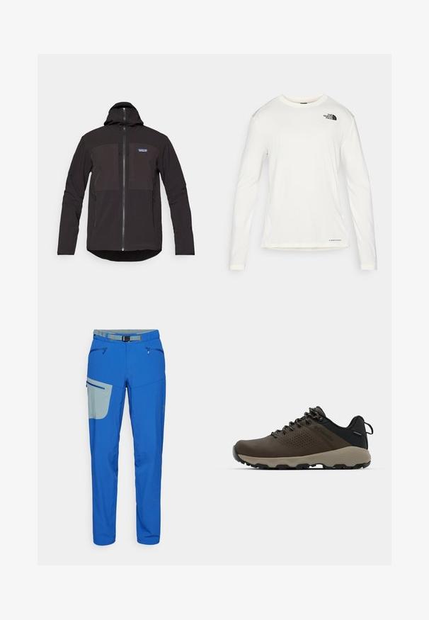 Crna dukserica s kapuljačom koja ima zatvaranje na zip, dva prednja džepa sa zipom, teksturiranu tkaninu i logotip na lijevoj strani prsnog područja.; Bijela majica dugih rukava s okruglim izrezom, teksturirana tkanina, crni logo na lijevom ramenu i suptilno brendiranje pri dnu.; Plave vanjske hlače s svijetlosivim naglaskom na džepu, opremljene džepovima na patentni zatvarač, podesivim strukom i suženim nogavicama.; Smeđe vodootporne tenisice s teksturiranom gornjom i perforiranim detaljima, crnom potporom za petu i sivim gumiranim potplatom. Čipke su stilizirane s metalnim krajevima.