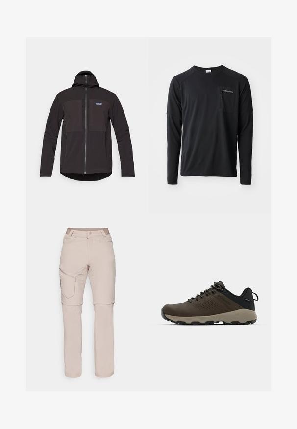 Juoda gobtuvinė striukė su užtrauktuku, dviem priekinėm užtrauktuko kišenėm, tekstūruota medžiaga ir logotipo pleistru kairėje krūtinės pusėje.; Columbia COLUMBIA TECH™ LONG SLEEVE CREW - Ilgarankovis viršutinės dalies drabužis - black; Šviesiai smėliniai lauko kelnės, pagamintos iš tamprios medžiagos, su kišene užtrauktuku, lygiu paviršiumi ir reguliuojamais rankogaliais. Logo šone.; Rudi nepralaidūs sportbačiai su tekstūruota viršutine dalimi, perforuotomis detalėmis, juodu kulno palaikymu ir pilku guminio padu. Šniūreliai yra dekoruoti metaliniais galais.
