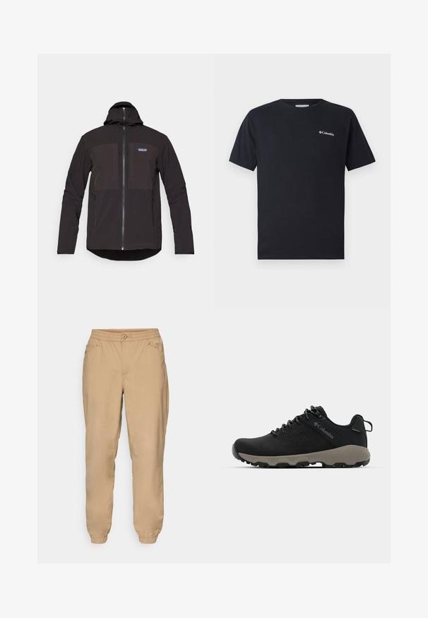 Svart hettegenser med glidelås, to frontlommer med glidelås, teksturert stoff og et logo-patch på venstre brystområde.; Svart kortermet t-skjorte laget av bomull, med et lite hvitt Columbia-logo på venstre brystområde. Klassisk rund hals og avslappet passform.; Beige joggebukser med elastisk midje, knappelukking, sidelommer og elastiske mansjetter.; Svart tursko med glatt overdel, perforert design, grå såle og forsterket hæl. Har snøringer og en pull-tab for enkel påkledning.