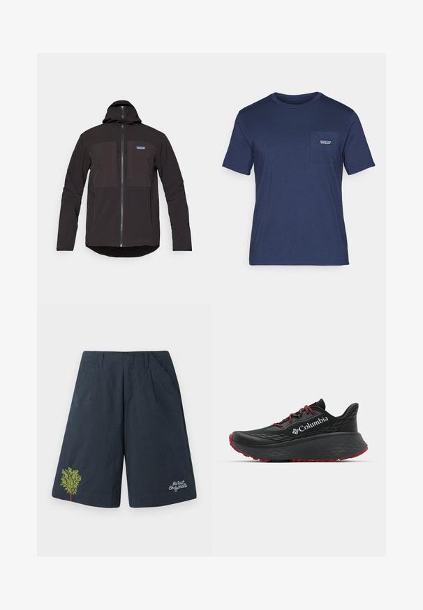Čierna kapucňová bunda so zipsom, dvoma prednými zipsovými vreckami, texturovanou tkaninou a nášivkou loga na ľavej strane hrudníka.; Námornícke modré bavlnené tričko s krátkymi rukávmi, okrúhlym výstrihom a náprsné vrecko s malou nášivkou loga. Mäkká textúra, klasický strih.; Námornícke modré šortky vyrobené z ľahkej tkaniny, s vyšitým zeleným dizajnom stromu a bielym logom v pravom dolnom rohu.; Čierna športová obuv s textúrovaným zvrškom, červenými šnúrkami a logom. Hrubá podrážka s vzorovaným dezénom pre trakciu. Minimalistický dizajn, bočný pohľad.