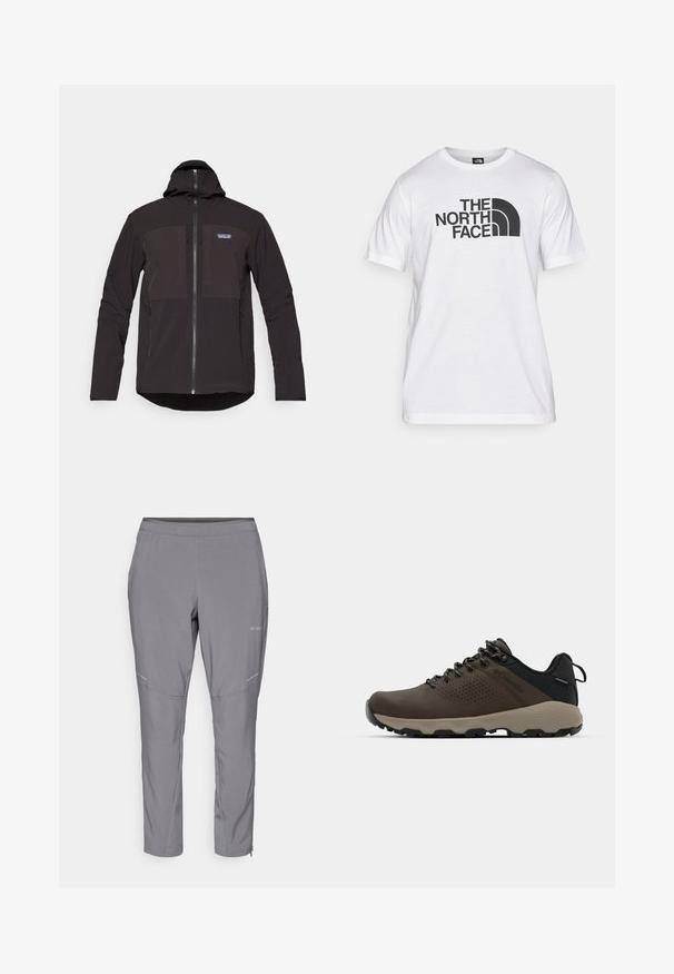 Svart hettegenser med glidelås, to frontlommer med glidelås, teksturert stoff og et logo-patch på venstre brystområde.; Hvit bomulls T-skjorte med svart grafisk trykk som inkluderer tekst og et buet logodesign. Rund hals og korte ermer. Enkelt tekstur.; Grå utendørs bukser laget av et glatt, lett stoff, med elastisk midjebånd, glidelåslukking ved anklene og refleksdetaljer for synlighet.; Brune vanntette joggesko med teksturert overdel, perforerte detaljer, svart hæl støtte og en grå gummisåle. Snøring er stilisert med metalliske ender.