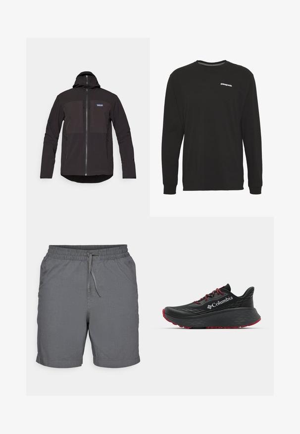 Črna kapuca jakna z zadrgo, dvema sprednjima žepoma na zadrgo, teksturirano blago in logotipom na levi prsni strani.; Črna dolga majica z dolgimi rokavi iz bombaža, s krožnim izrezom in majhnim belim logotipom "patagonia" na prsih. Gladka tekstura.; Sive hlače iz lahkega materiala z elastičnim pasom in vrvico. Imajo gladko teksturo in dolžino nad kolenom.; Črne atletske čevlje s teksturiranim zgornjim delom, rdečimi vezalkami in logotipom. Debel podplat s patternom za boljši oprijem. Minimalistična zasnova, stranski pogled.