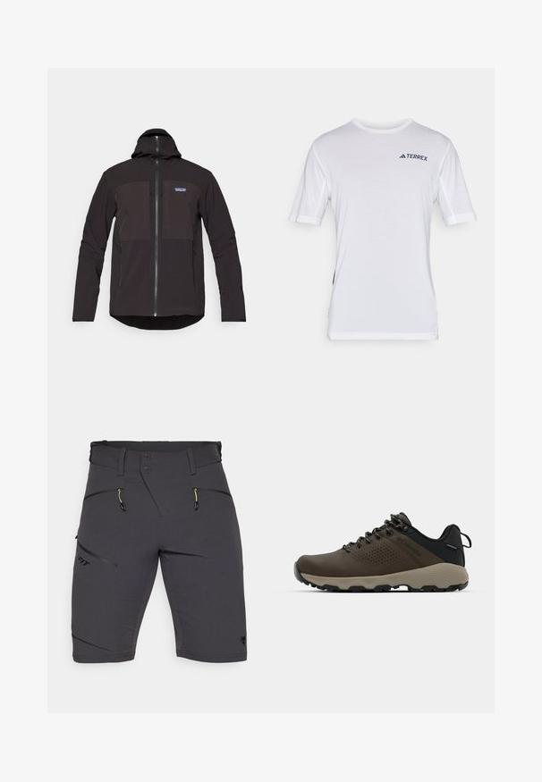 Black hooded jacket featuring a zip closure, two front zip pockets, textured fabric, and a logo patch on the left chest area.; White short-sleeve t-shirt with mesh accents near shoulders, featuring a 'TERREX' logo in dark blue on the chest. Soft texture, regular fit.; Dynafit TRANSALPER - Outdoor shorts - black out; Brown waterproof sneakers with a textured upper, perforated accents, black heel support, and a grey rubber sole. Laces are styled with metallic ends.