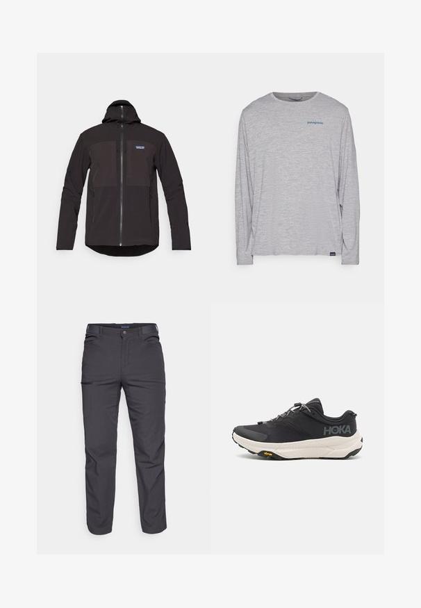 Casaco com capuz preto, apresentando um fecho de zíper, dois bolsos frontais com zíper, tecido texturizado e um patch com o logótipo na área do lado esquerdo do peito.; T-shirt de mangas longas cinza claro, feito de um tecido suave e texturizado. Apresenta um decote redondo e um pequeno logotipo azul da Patagonia no peito.; Calças cinza-escuras feitas de um tecido durável, com um bolso com fecho éclair, corte reto e passantes para cinto para um ajuste ajustável.; Sapatilha atlética preta com parte superior texturizada, detalhes cinzentos, elementos refletivos e uma sola branca espessa com a marca Vibram.