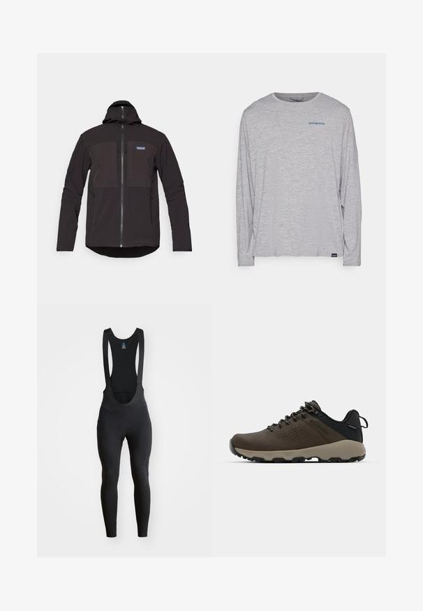 Čierna kapucňová bunda so zipsom, dvoma prednými zipsovými vreckami, texturovanou tkaninou a nášivkou loga na ľavej strane hrudníka.; Svetlošedé tričko s dlhým rukávom vyrobené z mäkkého, textúrovaného materiálu. Obsahuje okrúhly výstrih a malú modrú Patagonia logo na hrudi.; Čierne cyklistické nohavice s traky, elastická látka a polstrovaná sedacia časť. Hladký povrch s plochými švami pre pohodlie.; Hnedé vodoodolné tenisky s textúrovaným zvrškom, perforovanými detailmi, čiernou oporou päty a šedou gumovou podrážkou. Šnúrky sú ozdobené kovovými koncami.