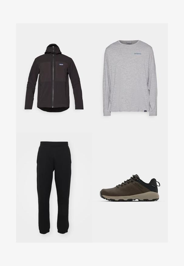 Fekete kapucnis dzseki, cipzáras zárással, két elülső cipzáras zsebbel, textúrázott anyaggal és logóval a bal mellrészen.; Világosszürke, hosszú ujjú póló, puha, texturált anyagból készült. Kerek nyakkivágással és egy kis kék Patagonia logóval rendelkezik a mellkasán.; Fekete, pamut keverékből készült melegítőnadrág, rugalmas derékkal, tapered szabású lábszárral és ribbelt mandzsettával a bokánál. Egyszerű dizájn, minta nélkül.; Barna vízálló sportcipők texturált felsőrésszel, perforált díszítésekkel, fekete saroktámasszal és szürke gumi talppal. A cipőfűzők fém végződésekkel vannak ellátva.