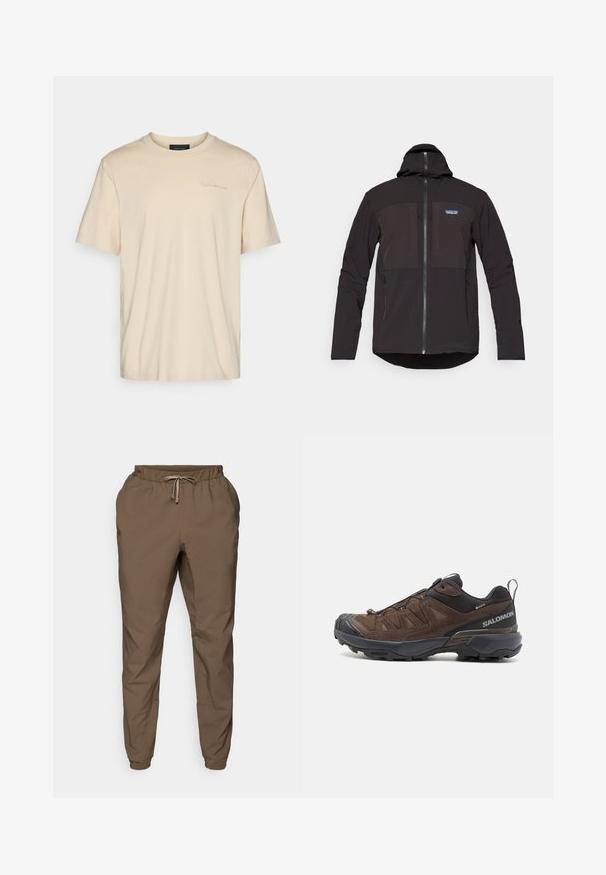 Casaco com capuz preto, apresentando um fecho de zíper, dois bolsos frontais com zíper, tecido texturizado e um patch com o logótipo na área do lado esquerdo do peito.; T-shirt de algodão bege com mangas curtas e decote redondo. Apresenta um logo subtil bordado no peito. Textura suave e lisa.; Calças de corredor castanhas com cintura elástica e cordão, apresentando pernas ajustadas e um brilho subtil, confeccionadas em tecido leve e liso.; Shoe de caminhadas castanho com parte superior em malha e camurça, acentos pretos, sola texturizada e sistema de cordões elásticos para um ajuste seguro. Apresenta o logótipo na lateral.