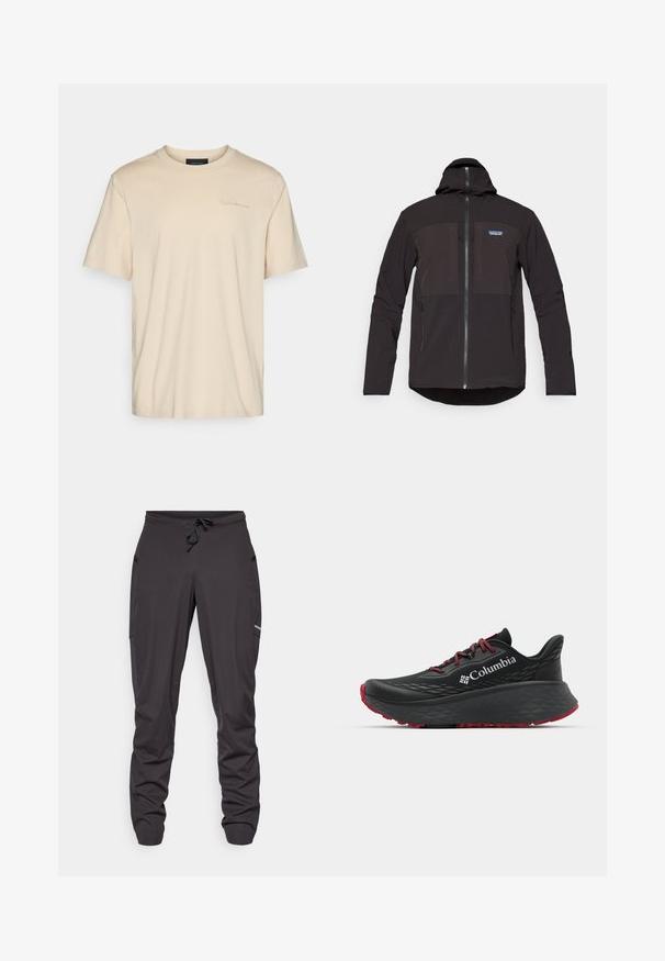 Čierna kapucňová bunda so zipsom, dvoma prednými zipsovými vreckami, texturovanou tkaninou a nášivkou loga na ľavej strane hrudníka.; Béžové bavlnené tričko s krátkym rukávom a okrúhlym výstrihom. Na hrudi je decentne vyšívané logo. Mäkká, hladká textúra.; Čierne atletické nohavice so šnúrkou v páse, bočnými vreckami, mierne pokrčenou tkaninou a malým viditeľným logom na pravej stehne.; Čierna športová obuv s textúrovaným zvrškom, červenými šnúrkami a logom. Hrubá podrážka s vzorovaným dezénom pre trakciu. Minimalistický dizajn, bočný pohľad.