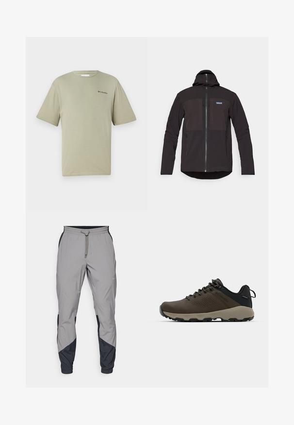 Black hooded jacket featuring a zip closure, two front zip pockets, textured fabric, and a logo patch on the left chest area.; Olive green short-sleeve t-shirt made of soft cotton. Features a round neckline and a small black logo on the upper left side.; Lightweight, gray athletic pants with black accents. Elastic waistband, drawstring closure, tapered leg design, and side pockets.; Brown waterproof sneakers with a textured upper, perforated accents, black heel support, and a grey rubber sole. Laces are styled with metallic ends.