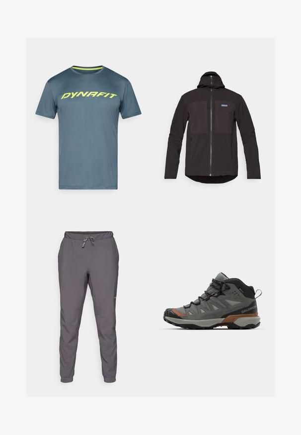 Czarna kurtka z kapturem z zamkiem błyskawicznym, dwoma przednimi kieszeniami na zamek, teksturowanym materiałem oraz naszywką z logo na lewej części klatki piersiowej.; Niebieska sportowa koszulka z krótkim rękawem z neonowo-żółtym logo "DYNAFIT" na piersi, okrągłym dekoltem i kontrastowym żółtym wykończeniem wewnętrznego kołnierzyka.; Szare, lekkie spodnie z elastycznym pasem i regulowanym sznurkiem; zwężane nogawki; gładka faktura; zawierają detal z logo po boku.; Półwyższe buty outdoor w szarym meshu i zamszu, z gumową podeszwą, sznurówką z przodu i pomarańczowymi akcentami, zaprojektowane z myślą o trwałości i komforcie.