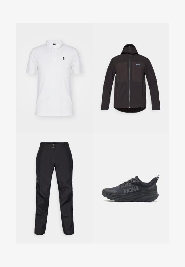Čierna kapucňová bunda so zipsom, dvoma prednými zipsovými vreckami, texturovanou tkaninou a nášivkou loga na ľavej strane hrudníka.; Biela polo košeľa s klasickým golierom, trojradovým zapínaním na gombíky a malým čiernym logom na ľavej hrudi. Bavlnený materiál, krátke rukávy.; Čierne nepremokavé nohavice s hladkou textúrou, vybavené dvoma prednými gombíkmi a zúženým strihom. Ozdobené logom na boku.; Čierne bežecké topánky Hoka s vrchným materiálom z mesh, textúrovanými detailmi a hrubou, polstrovanou podrážkou so zúženými okrajmi pre lepšiu podporu.