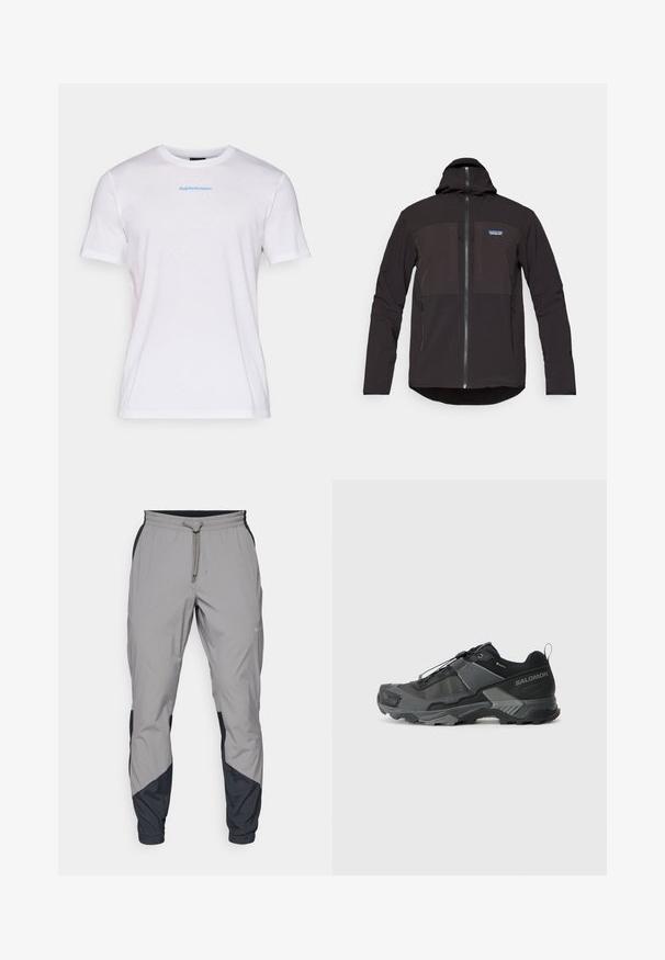 Μαύρο ζακέτο με κουκούλα που διαθέτει κλείσιμο με φερμουάρ, δύο μπροστινές τσέπες με φερμουάρ, υφασμάτινη υφή και λογότυπο στο αριστερό μέρος του στήθους.; Λευκό βαμβακερό μπλουζάκι με στρογγυλή λαιμόκοψη και κοντά μανίκια. Διαθέτει μπλε κείμενο "Peak Performance" στο μπροστινό μέρος, με ομαλή υφή.; Ελαφρύ γκρι αθλητικό παντελόνι με μαύρες λεπτομέρειες. Ελαστική μέση, κλείσιμο με κορδόνι, σχέδιο με στενό πόδι και πλαϊνές τσέπες.; Μαύρο παπούτσι τρεξίματος για μονοπάτια με ανθεκτικό ανώτερο τμήμα από πλέγμα, ενισχυμένη μύτη, υφή από καουτσούκ στη σόλα και ελαστικό σύστημα κορδονιών για ασφαλή εφαρμογή.