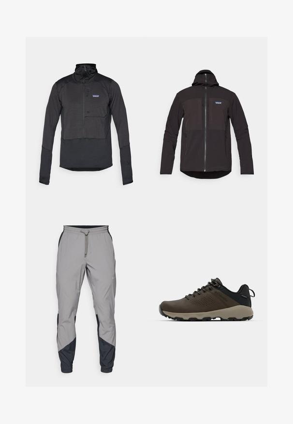Fekete kapucnis dzseki, cipzáras zárással, két elülső cipzáras zsebbel, textúrázott anyaggal és logóval a bal mellrészen.; Fekete, hosszú ujjú, félcipzáras pulóver texturált anyagból, mellzsebbel, álló gallérral és elasztikus mandzsettagal.; Könnyű, szürke sportnadrág fekete részletekkel. Rugalmas derékpánt, zsinóros zárás, szabott lábszár kialakítás és oldalsó zsebek.; Barna vízálló sportcipők texturált felsőrésszel, perforált díszítésekkel, fekete saroktámasszal és szürke gumi talppal. A cipőfűzők fém végződésekkel vannak ellátva.