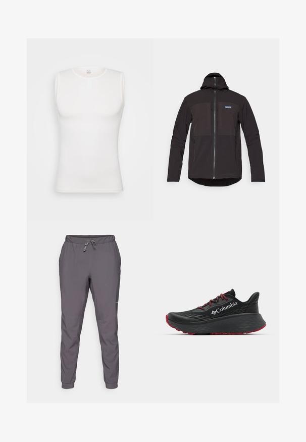 Veste à capuche noire avec fermeture éclair, deux poches zippées à l'avant, tissu texturé et un patch logo sur la poitrine gauche.; Top sans manches blanc en tissu texturé avec un col rond et un détail de bouton. Fini lisse, forme ajustée et design simple.; Pantalons gris légers, à taille élastique avec cordon de serrage réglable ; jambes fuselées ; texture lisse ; comprend un détail de logo sur le côté.; Chaussure de sport noire avec tige texturée, lacets rouges et logo. Semelle épaisse avec motif de la semelle pour une meilleure adhérence. Design minimaliste, vue de côté.