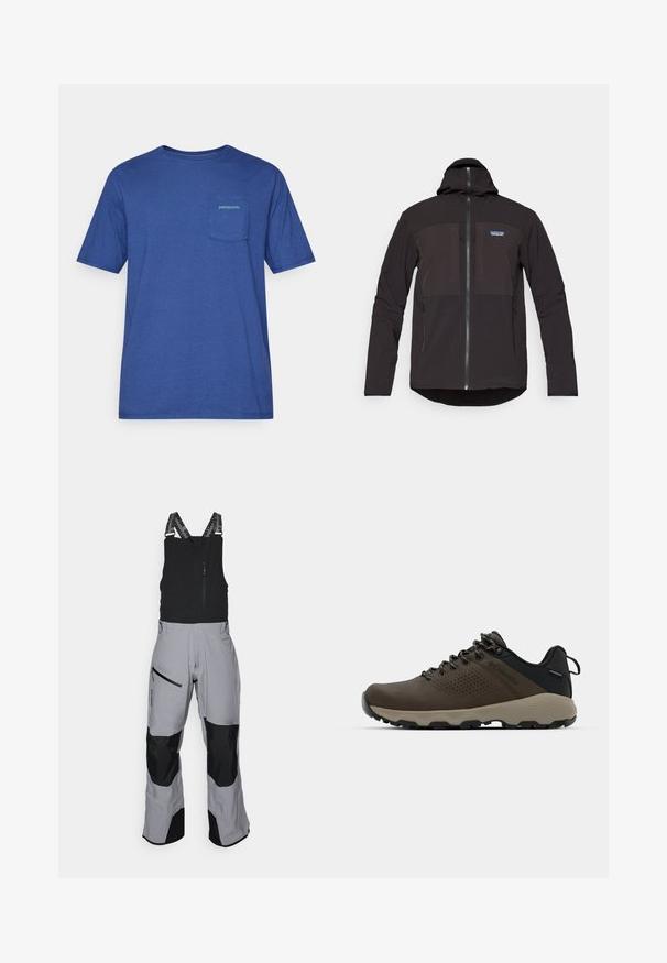 Melnā kapuce jaka ar rāvējslēdzēju, divām priekšējām rāvējslēdzēju kabatām, teksturētu audumu un logo uzlīmi kreisajā krūtīs.; Zils kokvilnas T-krekls ar īsām piedurknēm, tam ir krūšu kabata un zaļa Patagonia logo. Vienkāršs apaļas formas kakls un brīvs piegriezums.; Pelnu un melnu auduma slēpošanas kombinezons. Iespējas ar regulējamiem siksnām, rāvējslēdzēja kabatu un pastiprinātām daļām izturībai.; Brūni ūdensnecaurlaidīgi sporta apavi ar teksturētu virsu, perforētiem akcentiem, melnu papēža atbalstu un pelēku gumijas zoli. Šņores veidotas ar metāliskiem galiem.