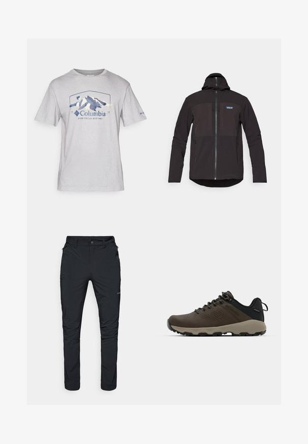 Must mustaga, millel on luku sulgemine, kaks eesmist lukuga taskut, tekstuurne kangas ja logo märk vasakul rinnapiiril.; Hall t-särk lühikeste varrukatega, valmistatud pehmest kangast, millel on sinine mägigraafika ja tekst "Columbia Sportswear Company". Lihtne, ümberkaela disain.; Mustad mustad välitaskud, sirge lõikega, tõmblukkudega taskud, vöödeljed ja kerge, vastupidav kangas.; Kohandatud veekindlad pruunid spordijalatsid tekstuuriga pealisega, perforatsioonidega detailid, must kandetoetav osa ja hall kummine sisetald. Paelad on metallist otstega.
