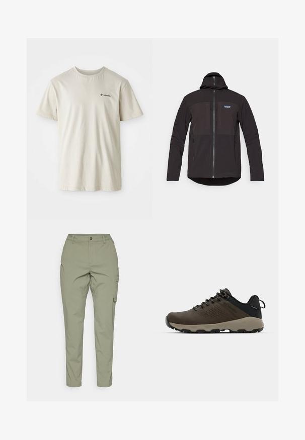 Čierna kapucňová bunda so zipsom, dvoma prednými zipsovými vreckami, texturovanou tkaninou a nášivkou loga na ľavej strane hrudníka.; Béžové bavlnené tričko s krátkymi rukávmi, okrúhlym výstrihom a malým čiernym logom na ľavej strane hrude. Hladká, bezzdobná tkanina.; Svetlo olivové cargo nohavice s rovnými nožnicami, s predným zapínaním na gombík a bočnými vreckami pre praktickosť. Hladká, odolná tkanina.; Hnedé vodoodolné tenisky s textúrovaným zvrškom, perforovanými detailmi, čiernou oporou päty a šedou gumovou podrážkou. Šnúrky sú ozdobené kovovými koncami.