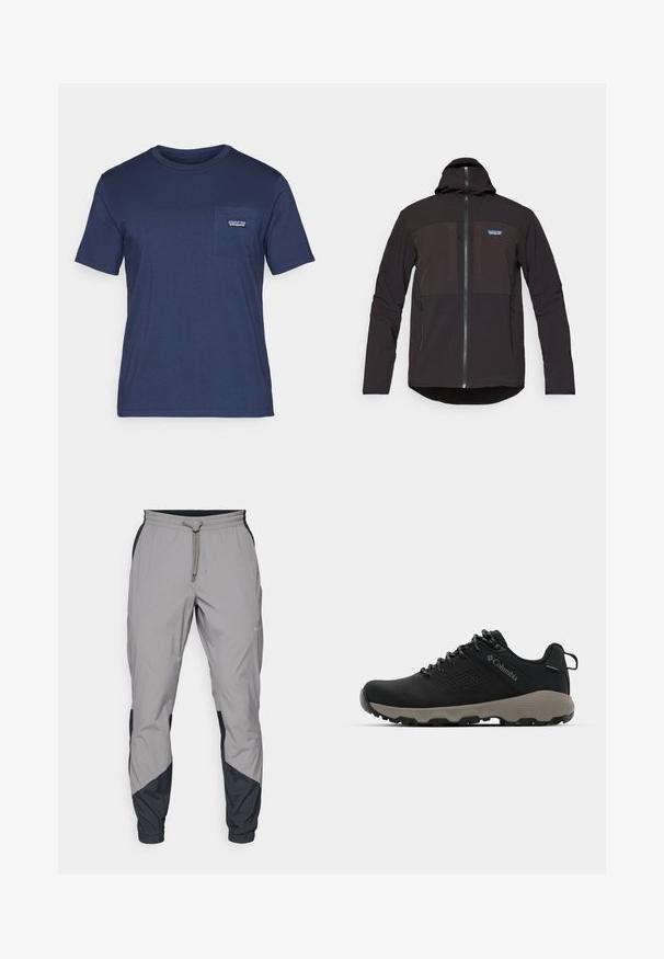 Crna dukserica s kapuljačom koja ima zatvaranje na zip, dva prednja džepa sa zipom, teksturiranu tkaninu i logotip na lijevoj strani prsnog područja.; Tamno plava pamučna majica s kratkim rukavima, okruglim izrezom i džepom na prsima s malim logotipom. Mekana tekstura, klasičan kroj.; Lagane, sive atletske hlače s crnim akcentima. Elastični pojas, zatvaranje na vezicu, dizajn suženih nogavica i bočne džepove.; Crne planinarske cipele s glatkim gornjim dijelom, perforiranim dizajnom, sivoj potplati i ojačanim petom. Sadrže vezice i petlju za lakše oblačenje.