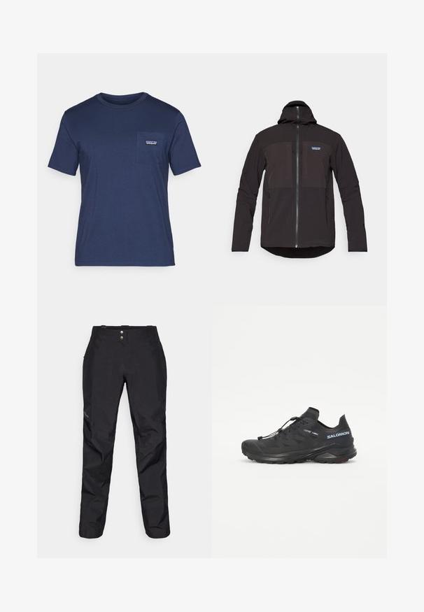 Črna kapuca jakna z zadrgo, dvema sprednjima žepoma na zadrgo, teksturirano blago in logotipom na levi prsni strani.; Temno moder bombažna majica s kratkimi rokavi, okroglim ovratnikom in žepom na prsih, ki vsebuje majhno oznako logotipa. Mehka tekstura, klasičen kroj.; Črne vodoodbojne hlače z gladko teksturo, ki imajo dva sprednja gumba in zasnovo ožjih nog. Okrašene z logotipom na strani.; Črne tekaške čevlje za terene z teksturiranim zgornjim delom, elastičnimi vezalkami in Contagrip podplatom. Imajo udoben prileganje in zaščitni kapica za prste.