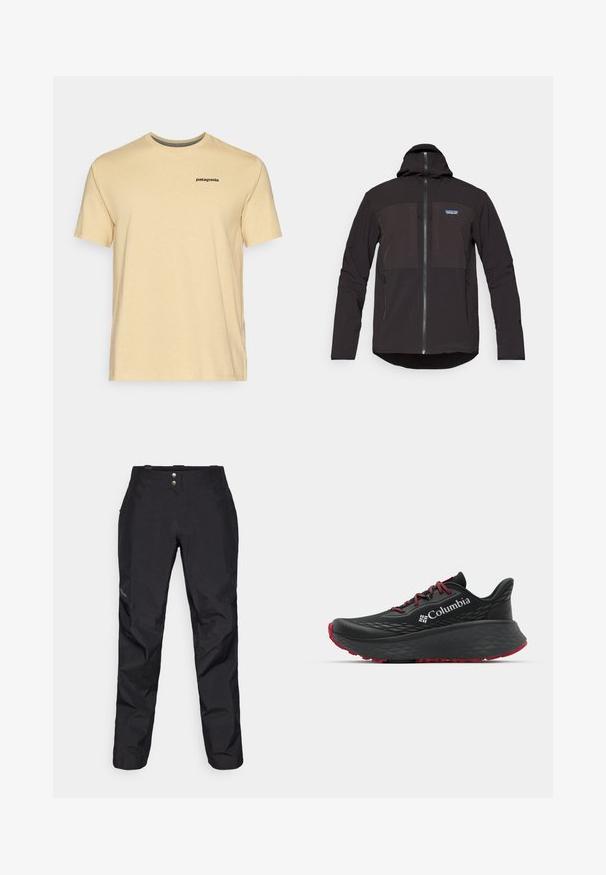 Μαύρο ζακέτο με κουκούλα που διαθέτει κλείσιμο με φερμουάρ, δύο μπροστινές τσέπες με φερμουάρ, υφασμάτινη υφή και λογότυπο στο αριστερό μέρος του στήθους.; Patagonia LOGO - Μπλουζάκι με στάμπα - beeswax tan; Μαύρο αδιάβροχο παντελόνι με απαλή υφή, διαθέτει δύο μπροστινά κουμπιά και σχεδιασμό με στενή γραμμή. Διακοσμημένο με λογότυπο στο πλάι.; Μαύρο αθλητικό παπούτσι με υφή στην επάνω πλευρά, κόκκινες κορδόνες και λογότυπο. Παχύ πέλμα με μοτίβο για πρόσφυση. Μινιμαλιστικός σχεδιασμός, πλευρική όψη.