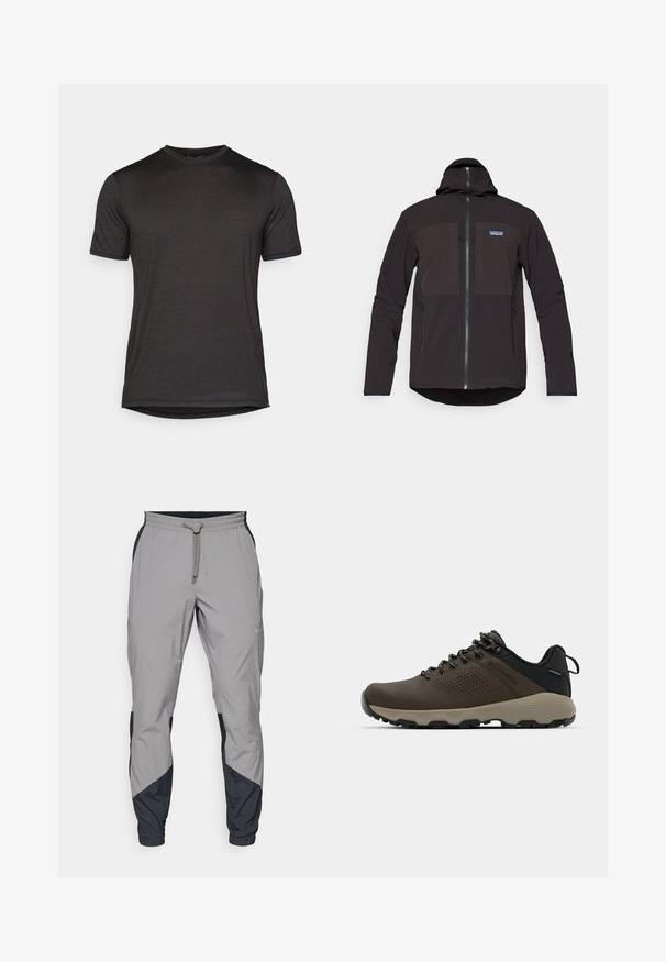 Svart hettegenser med glidelås, to frontlommer med glidelås, teksturert stoff og et logo-patch på venstre brystområde.; Svart T-skjorte med korte ermer laget av lett stoff, med rund hals og en glatt tekstur med en buet hem.; Lettvektige, grå treningsbukser med svarte detaljer. Elastisk midjebånd, snøring, tapered benedesign og sidelommer.; Brune vanntette joggesko med teksturert overdel, perforerte detaljer, svart hæl støtte og en grå gummisåle. Snøring er stilisert med metalliske ender.
