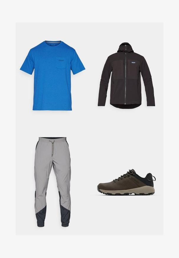 Melnā kapuce jaka ar rāvējslēdzēju, divām priekšējām rāvējslēdzēju kabatām, teksturētu audumu un logo uzlīmi kreisajā krūtīs.; Patagonia BOARDSHORT LOGO POCKET RESPONSIBILI-TEE - Apdrukāts T-krekls - endless blue; Viegls, pelēks sporta bikses ar melniem akcentiem. Elastīga josta, ar auklu aizdare, sašaurināts kāju dizains un sānu kabatas.; Brūni ūdensnecaurlaidīgi sporta apavi ar teksturētu virsu, perforētiem akcentiem, melnu papēža atbalstu un pelēku gumijas zoli. Šņores veidotas ar metāliskiem galiem.