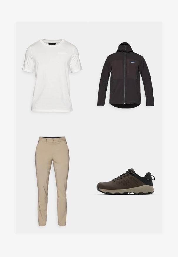 Sort hættejakke med lynlås, to forreste lynlås-lommer, struktureret stof og et logo-patch på venstre brystområde.; Hvid kortærmet t-shirt lavet af blødt stof. Har en rund halsudskæring og et subtilt brandingdetail i midten foran.; Beige bukser lavet af et glat stof med en slim fit, der har en enkelt knaplukning og skrålommer, der slutter ved anklerne.; Brune vandtætte sneakers med en tekstureret overflade, perforerede akcenter, sort hælunderstøttelse og en grå gummisål. Snørebåndene er udsmykket med metalender.