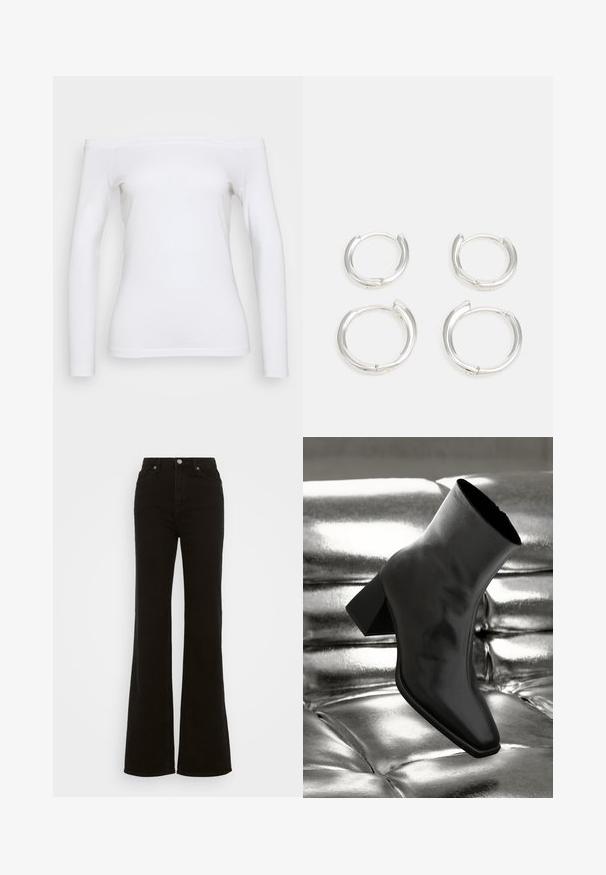 Beige wool coat with a high collar, tie belt, front pockets, and herringbone texture. Features a fitted design and button closure.; White off-the-shoulder long-sleeve top made of soft cotton. Features a fitted silhouette and smooth texture with a clean finish at hemline.; High-waisted black flared jeans made of denim, featuring a button closure, side pockets, and a smooth texture.; Black ankle boot made of glossy material with a square toe and tapered heel, set against a shiny silver tufted background.; Silver hoop earrings, featuring a smooth, polished finish. Two pairs with a slightly different size. Simple, circular design, lightweight.