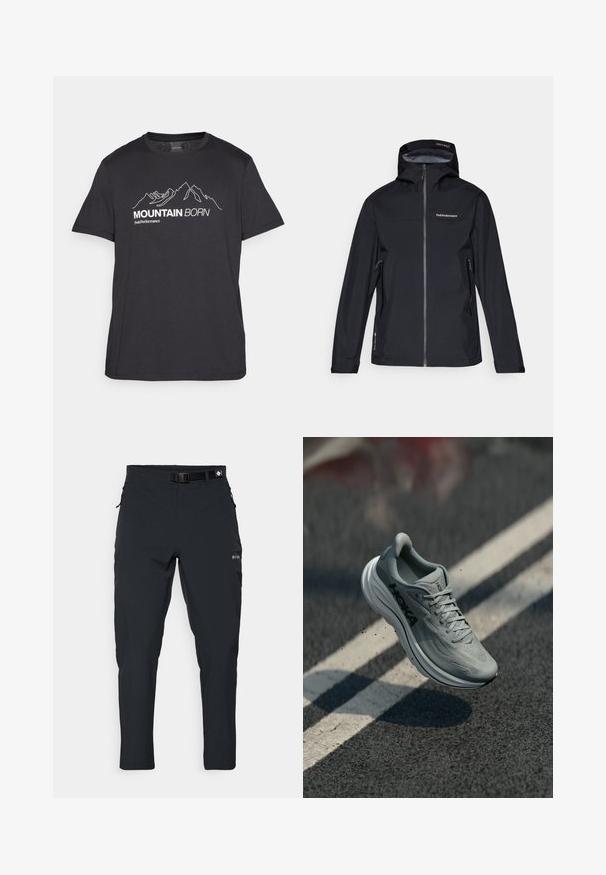 Mustalla vedenpitävällä takilla on huppu, vetoketjukiinnitys ja kaksi sivutaskua. Sileä pinta, rintaosa, jossa on logo, ja säädettävät hihansuut.; Peak Performance EXPLORE GRAPHIC TEE - Printtipaita - black; Columbia ESSENTIAL HIKE™ PANT - Ulkohousut - black; Vaaleanharmaat Hoka-juoksukengät ilmassa asfalttitiellä, jossa on valkoisia kaistamerkintöjä ja pieniä maanpartikkeleita.