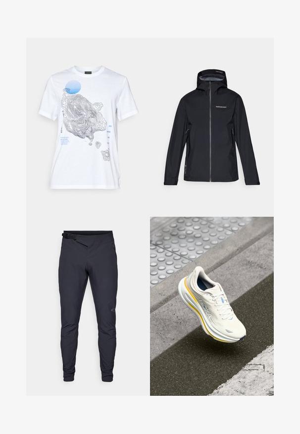 Černá nepromokavá bunda s kapucí, zipem vpředu a dvěma postranními kapsami. Hladký materiál s logem na hrudi a nastavitelnými manžetami.; Bílý bavlněný tričko s topografickou mapou v černé a modré barvě, s textovými prvky a kulatým modrým akcentem. Krátké rukávy.; Tmavě šedé sportovní kalhoty s tapered designem, přední kapsou na zip, nastavitelným pasem a jemným logem na levé nohavici.; Bílé a žluté tenisky HOKA levitující nad texturovaným chodníkem a silničním obrubníkem poblíž přechodu pro chodce.