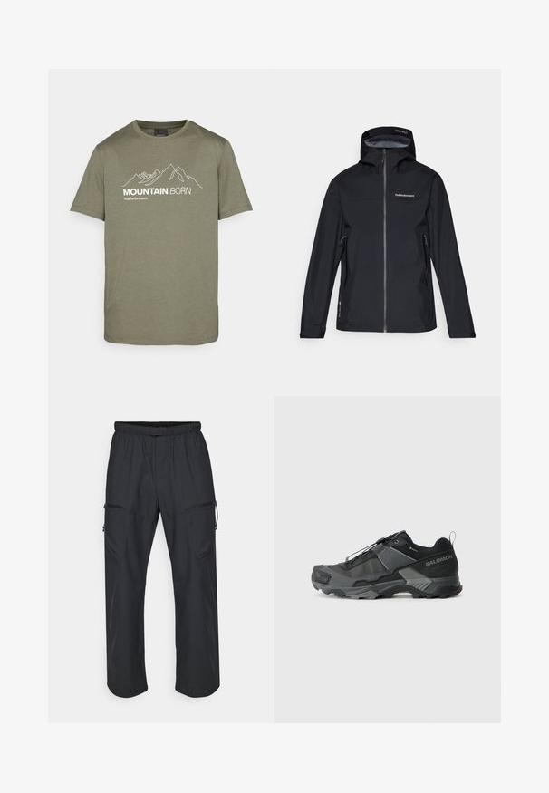 Svart vattentålig jacka med huva, dragkedja fram och två sidofickor. Slät yta med en logotyp på bröstet och justerbara ärmmuddar.; Peak Performance EXPLORE GRAPHIC TEE - T-shirt med print - pine needle; Svarta cargo-byxor med elastisk midja, två fickor med dragkedja och ett lätt, slätt tyg.; Svart trailrunning sko med ett hållbart mesh-övre, förstärkt tåhuvud, strukturerad gummisula och elastiskt snörsystem för en säker passform.
