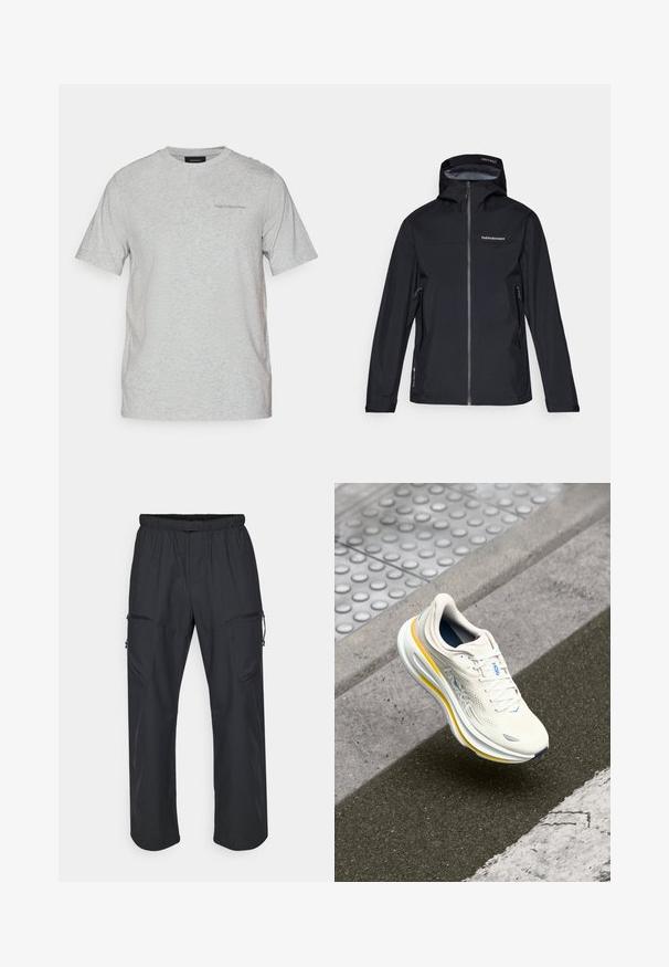 Fekete vízálló dzseki kapucnival, cipzáros elülső résszel és két oldalsó zsebbel. Simaszerkezetű, mellkason logóval és állítható mandzsettákkal.; Világosszürke, rövid ujjú, kerek nyakú póló, finom "Peak Performance" logóval a bal mellen.; Fekete cargo nadrág, rugalmas derékkal, két cipzáras zsebbel és könnyű, sima szövet textúrával.; Fehér és sárga HOKA sneaker egy textúrázott járdán és útpadkán lebeg egy gyalogátkelőhely közelében.
