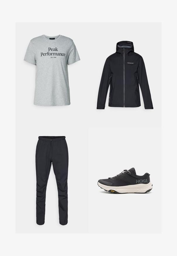 Juodas neperšlampamas džemperis su kuproliu, užtrauktuku priekyje ir dviem šoninėm kišenėm. Lygus paviršius su logotipu ant krūtinės ir reguliuojamais rankogaliais.; Pilkos medvilnės marškinėliai su trumpomis rankovėmis ir apvalia iškirpte, priekyje juodu tekstu užrašyta "Peak Performance Est. 1986".; Juodos lengvos kelnės su elastinga juosmens juosta, raišteliu ir siaurėjančiomis kojomis. Pagamintos iš vandeniui atsparios medžiagos su lygiu tekstūru.; Juodos sportinės bateliai su tekstūruota viršutine dalimi, pilkų akcentų, atspindinčiomis detalėmis ir storu baltu padu su Vibram prekės ženklu.