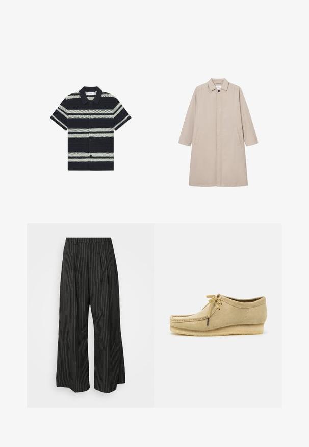 Beige regenjas van lichtgewicht materiaal, met een kraag, knoopsluiting en twee zijzakken, lange mouwen en een rechte pasvorm.; Zwart-wit gestreepte short-sleeve blouse met een kraag, voorzien van een gestructureerd patroon en een knoopsluiting aan de voorkant.; Zwarte gestreepte wijde broek met plooien, met een op maat gemaakt ontwerp en een zachte textuur. Geen zichtbare hardware of accenten.; Beige suède schoen met een vetersluiting, gestikte details en een rubberen zool. De vorm is casual met een lichte sleehak.