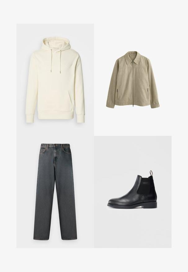 Svetlo bež jakna s ovratnikom, sprednjim zadrgo in dvema stranskima žepoma z zadrgo. Narejena iz mehkega, teksturiranega blaga.; Kremasta kapuca s prednjim žepom, kapuljačom na vrvicu i utisnutim logotipom na grudima. Mekani materijal s rebrastim manžetama i obrubom.; Temno sivi denim kavbojki s naravnim krojem, petimi žepe in z gumbom ter zadrgo. Tkanina vključuje rahlo bledenje in šivanje.; Črne usnjene Chelsea škornje z elastiko na straneh, nizko peto, zanko na peti in logotip GANT na zunanji strani.