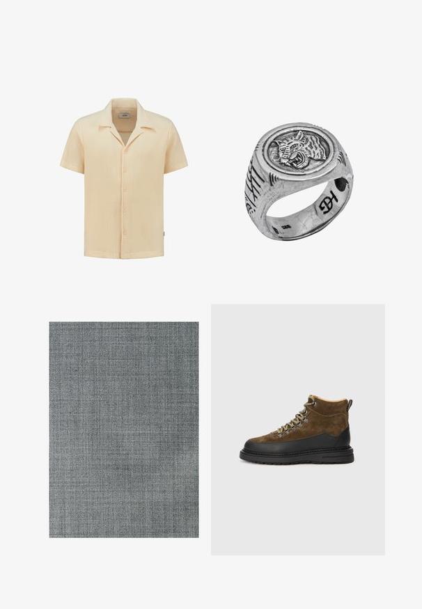 Helebeež žakk, millel on kraega kaelus, ees luku sulgemine ja kaks külgmist lukuga taskut. Valmistatud pehmest ja tekstuuriga kangast.; Lühikeste varrukatega heleda beeži värvi särk, mis on valmistatud tekstuurilisest vahvli kootud kangast, millel on krae ja viis nupuvajutust.; Hall hallitatud kangas, millel on tekstuuriga, kootud muster. Pind on sile, sisaldades peeneid toonivariaatsioone ja õhukest ruudustikku.; Pruun nahast matkasaabastega, millel on must kummitald, ümar varvas ja rohelised paelad. Omab pehmendusega kaelust ja tõmbluku silmust, et sisestamine oleks lihtne.; Hõbe (925) sõrmus, millel on ümar, väljapaistv tiigri graveering, tekstureeritud riba graveeritud joontega ja sile sisepind.