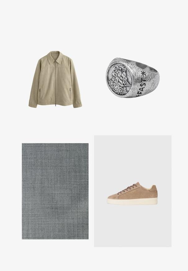 Helles beige Jackett mit einem Kragen, Frontreißverschluss und zwei seitlichen Reißverschlusstaschen. Hergestellt aus weichem, strukturiertem Stoff.; Cremfarbene Baumwoll-T-Shirt mit kurzen Ärmeln, rundem Ausschnitt und einer Brusttasche mit dezentem Logo. Glatte Textur und lockere Passform.; Grauer Stoff mit einem strukturierten, gewebten Muster. Die Oberfläche ist glatt und weist subtile Farbvariationen sowie eine feine Gitterstruktur auf.; Beige Wildlederschuh mit runder Zehenpartie, cremefarbener Gummisohle und braunen Schnürsenkeln. Verfügt über ein prägendes Markenlogo an der Seite und ein strukturiertes Material.; Silberring mit Schiffs-Motiv auf einer runden Fläche, mit strukturierten Details und graviertem "FAST" an der Seite, mit einem robusten Design.