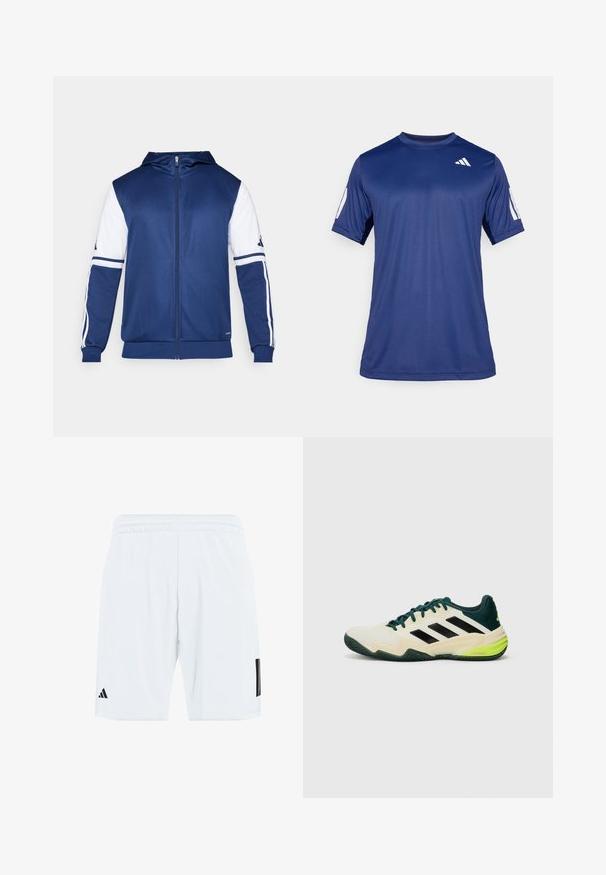 Sötétkék, zipzáros kapucnis dzseki fehér ujjal, mindkét karon három fehér csíkkal és az adidas logóval a mellkason.; Tengerészkék, rövid ujjú, sportos póló sima anyagból, kerek nyakkivágással, a bal felső mellrészen fehér logó részlettel.; Fehér sport rövidnadrág elasztikus derékpánttal, oldalán három fekete csíkkal és a bal alsó lábszáron fekete logóval.; Tejszínből készült tornacucc, fekete csíkkal, zöld részletekkel és struktúrált gumitalppal a tapadás érdekében. Szintetikus anyagokból készült.