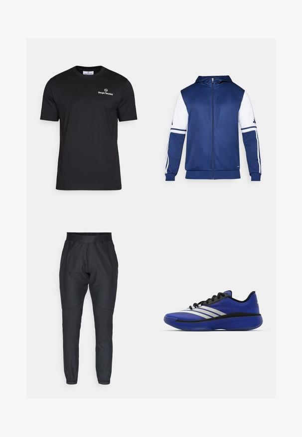 Giacca con zip navy a cappuccio con maniche bianche, caratterizzata da tre strisce bianche su ogni braccio e dal logo Adidas sul petto.; Sergio Tacchini BOLD - T-shirt basic - black/white; Pantaloni sportivi neri con gambe affusolate, cintura elastica e pannelli testurizzati a contrasto. Presentano dettagli con logo vicino ai polsini.; adidas Performance ADIZERO SELECT 3.0 - Scarpe da basket - lucid blue/core black/metallic