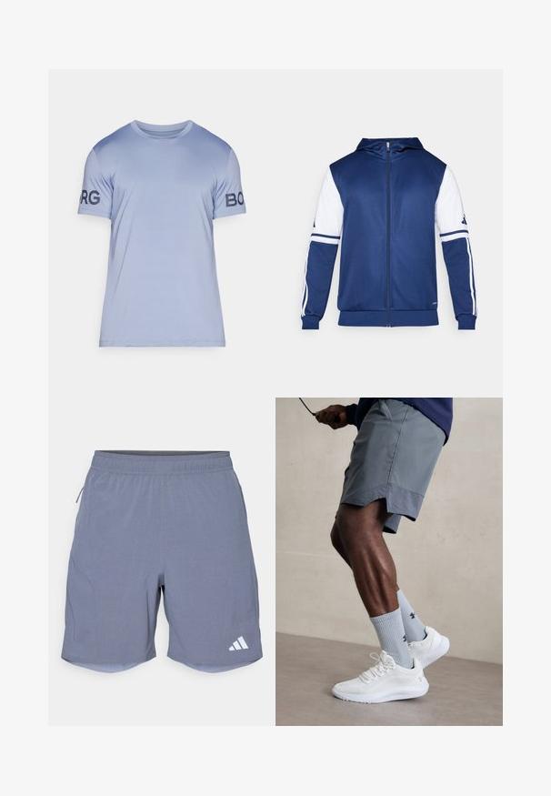 Tumesinine lukuga kapuutsiga jakk valgete käistega, millel on iga käe peal kolm valget triipu ja rinnal Adidas logo.; Hele sinine T-särk, mis on valmistatud siledast kangast. Ümmargune kaelus ja lühikesed varrukad. Vasakul varrukal on tumblue "BORG" logo.; adidas Performance Spordišortsid - onix; Valged spordijalatsid tekstuurse võrguga pealispinnaga, millele on lisatud helesinised ribakujulised sokid logoga. Hallid spordilühikesed püksid, millel on perforeeritud ääred.