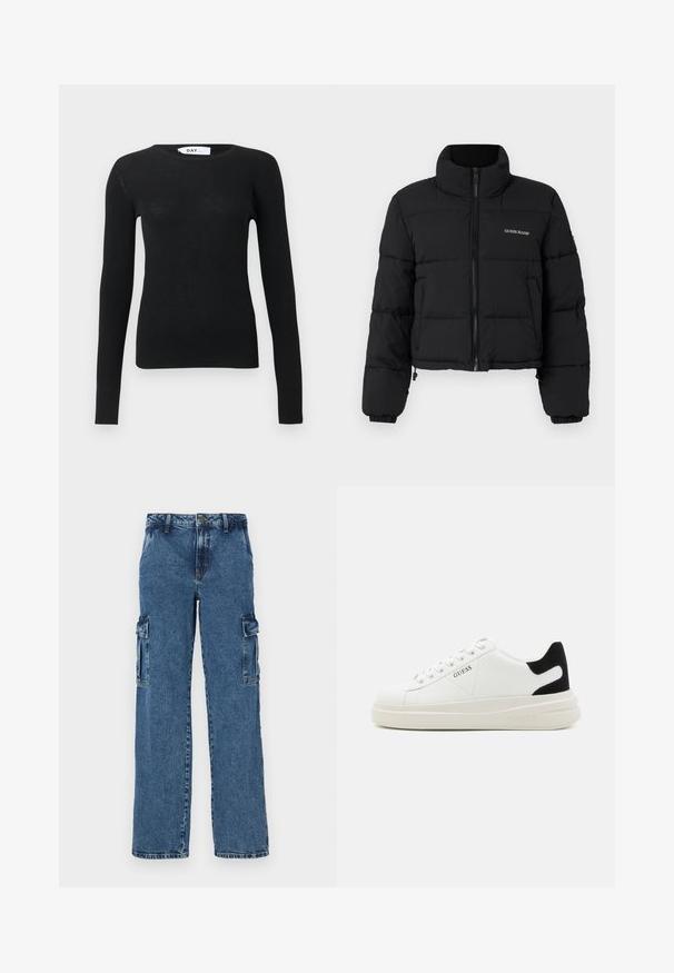 Zwarte cropped pufferjack met hoge kraag, rits aan de voorkant, gestikte panelen en het 'GUESS JEANS'-logo geborduurd op de linkerkant van de borst.; Zwarte geribbelde lange mouwen crew neck sweater met een getailleerde pasvorm en zichtbaar merklabel in de kraag.; Blauwe denim cargo broek met een ontspannen pasvorm, voorzien van twee zijzakken, versterkte stiksels en een recht gesneden ontwerp.; Witte leren sneakers met een dikke witte zool, zwarte suède hielaccent en een geperst logo op de zijkant. Vetersluiting met zes oogjes.