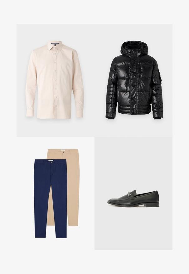 TOM TAILOR PUFFER JACKET - Ziemas jaka - shiny black; Gai beige pogas krekls, garas piedurknes, klasiskā apkakle, gluda auduma, baltas pogas, ar rakstainu iekšējo apkakles detaļu.; Divas bikses: vienas tumši zilas, otras bēšas. Abām ir taisna griezuma, pogu aizdare un gluda auduma tekstūra.; Melna ādas loafer izmēra apavi ar gludu virsmu, piedāvā ar šūtu dizainu un dekoratīvu metāla ķēdes akcentu pār vampu. Plakana papēža daļa.