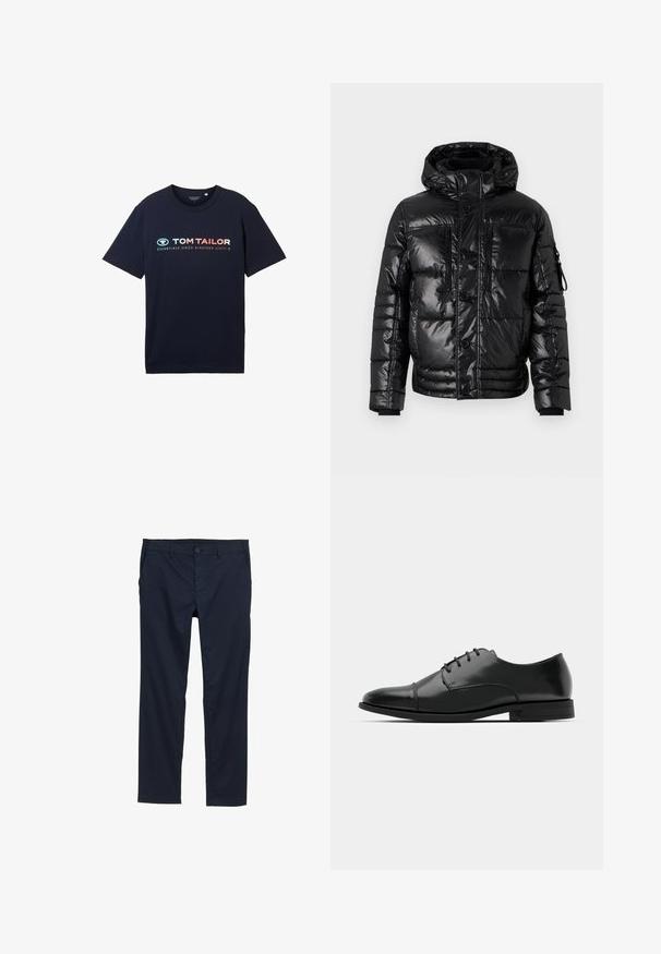 TOM TAILOR PUFFER JACKET - Zimní bunda - shiny black; TOM TAILOR MIT LOGO - Triko s potiskem - sky captain blue; Světlé námořnické modré kalhoty s hladkou texturou, rovnými nohavicemi, knoflíkovým zapínáním a bočními kapsami.; Černé kožené společenské boty s kulatou špičkou, šněrováním, jemnými švy a nízkým podpatkem. Hladký povrch s lesklým finišem.