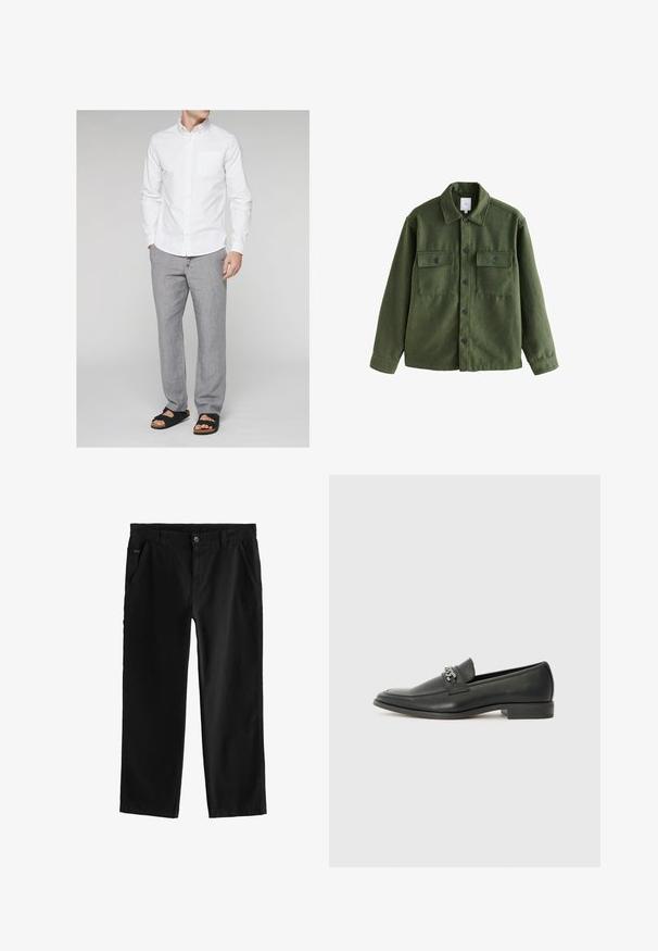 Jachetă din lână verde cu un sistem de închidere cu nasturi, două buzunare pe piept, guler clasic și mâneci lungi. Material texturat cu un finisaj mat.; Next LONG SLEEVE OXFORD - Cămașă - white; Pantaloni negri din bumbac cu design drept, dotati cu inchidere cu nasture frontal, buzunare laterale înclinate și detalii subtile de cusătură.; Pantofii negri din piele cu un finisaj neted, având un design cusut și un accent decorativ de lanț metalic peste partea de sus. Toc plat.