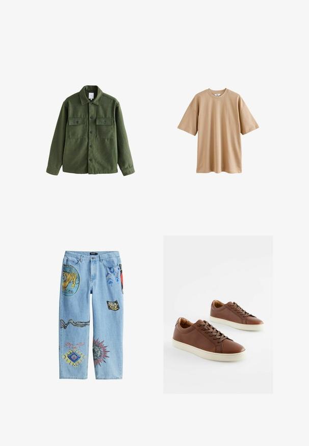 Roheline villasegu jakk, millel on nuppudega esiosa, kaks rinnaäpikut, klassikaline krae ja pikad varrukad. Tekstuuriga kangas mates viimistlusega.; Lühikeste varrukatega beež puuvillane T-särk ümarate kaelustega ja lõdva lõikega, millel on sile tekstuur ning ei mingeid mustreid või aktsente.; Sinine teksariie, millel on mitmesugused värvilised tikandid, sealhulgas tiiger, madu ja geomeetrilised mustrid. Sirge jalgade lõige.; Pruunist nahast spordijalatsid, millel on siledad pinnad, valged kummist tallad ja sobivad pruunid paelad. Ümar varvas ja minimaalsed õmbluse detailid.